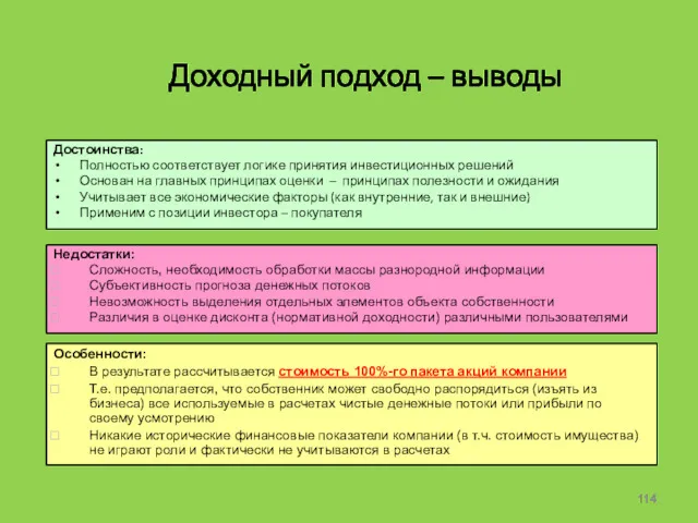 Доходный подход – выводы Достоинства: Полностью соответствует логике принятия инвестиционных