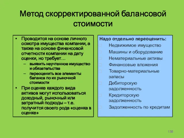 Метод скорректированной балансовой стоимости Проводится на основе личного осмотра имущества