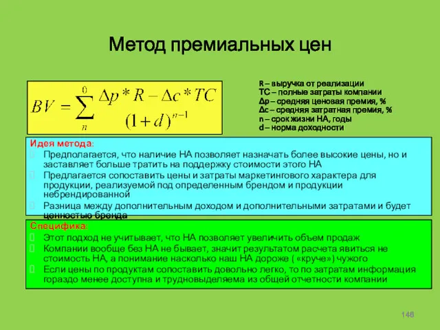 Метод премиальных цен Специфика: Этот подход не учитывает, что НА