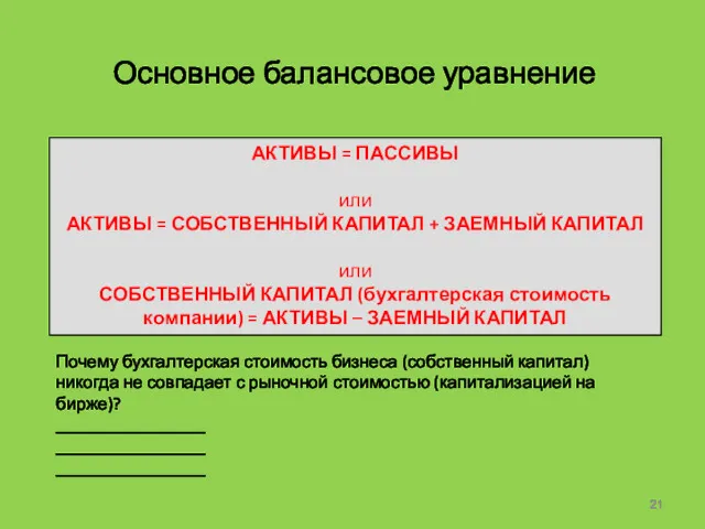 Основное балансовое уравнение АКТИВЫ = ПАССИВЫ или АКТИВЫ = СОБСТВЕННЫЙ