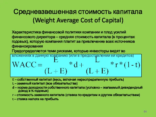 Средневзвешенная стоимость капитала (Weight Average Cost of Capital) E –