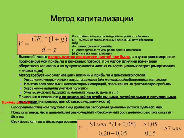 Метод капитализации V – стоимость капитала компании – стоимость бизнеса