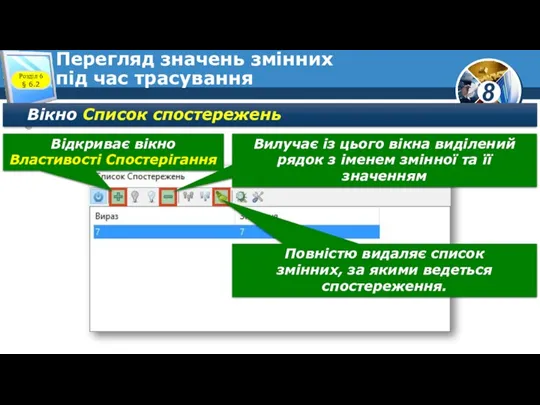 Перегляд значень змінних під час трасування Вікно Список спостережень Розділ