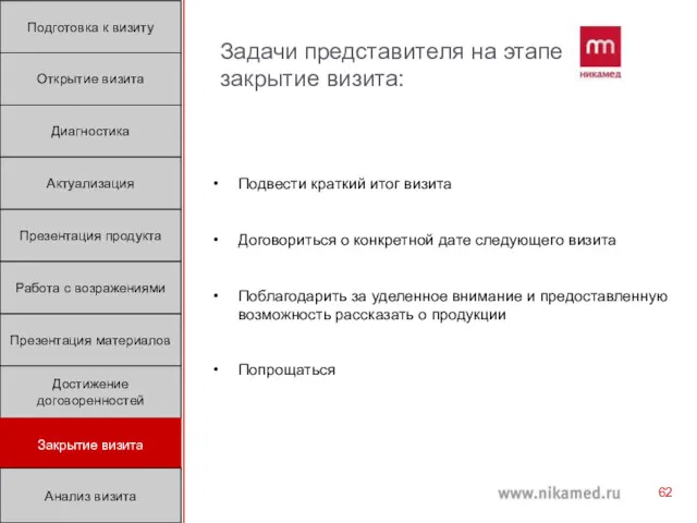 Задачи представителя на этапе закрытие визита: Подвести краткий итог визита