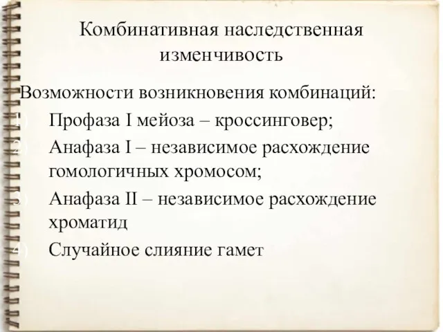 Комбинативная наследственная изменчивость Возможности возникновения комбинаций: Профаза I мейоза –