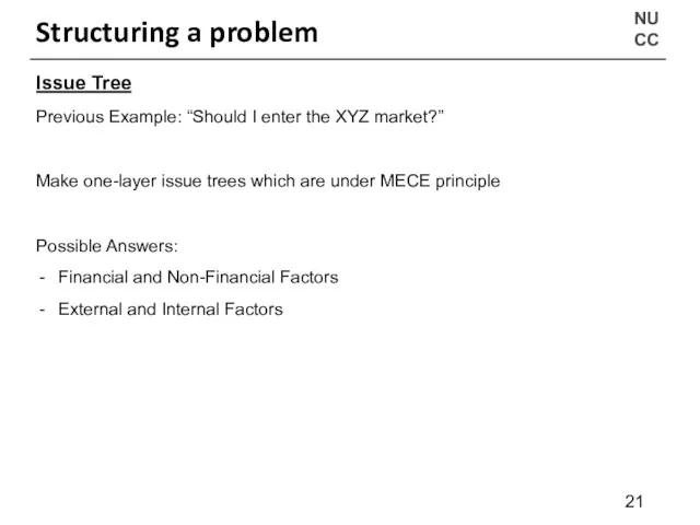 NU CC Structuring a problem Issue Tree Previous Example: “Should