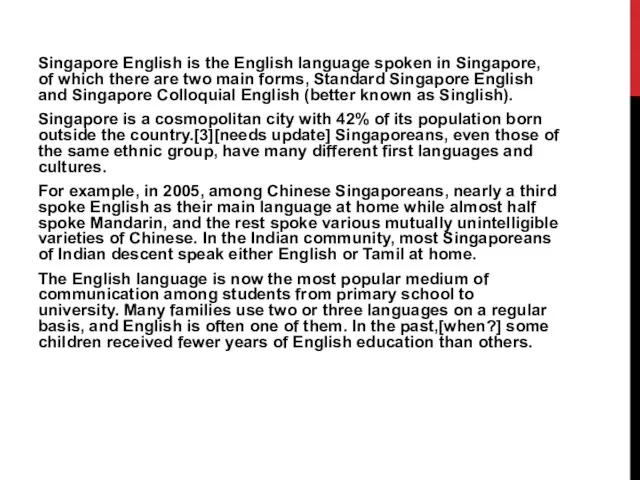 Singapore English is the English language spoken in Singapore, of