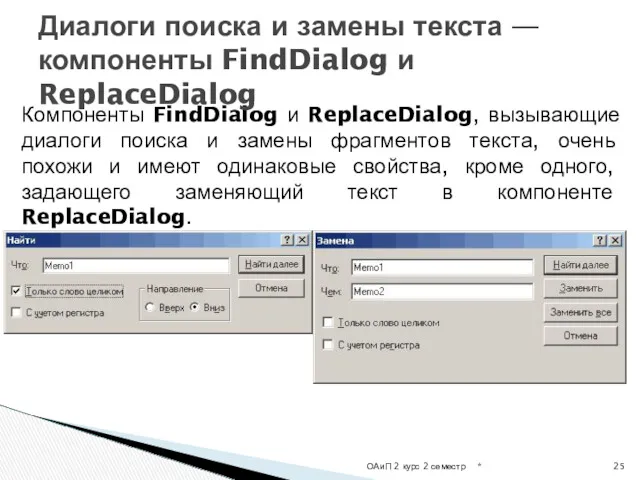 Компоненты FindDialog и ReplaceDialog, вызывающие диалоги поиска и замены фрагментов