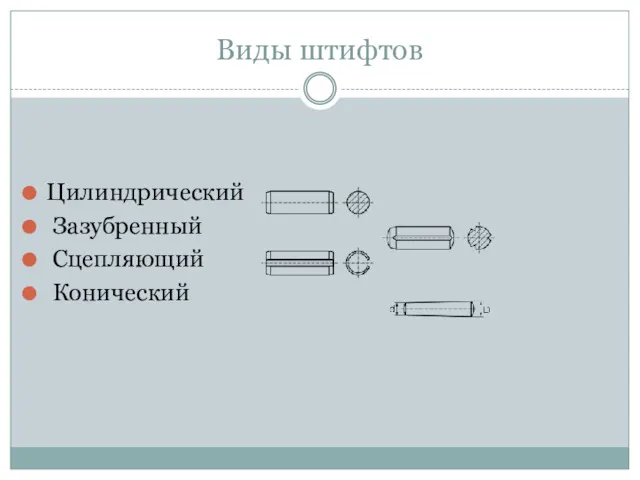 Виды штифтов Цилиндрический Зазубренный Сцепляющий Конический