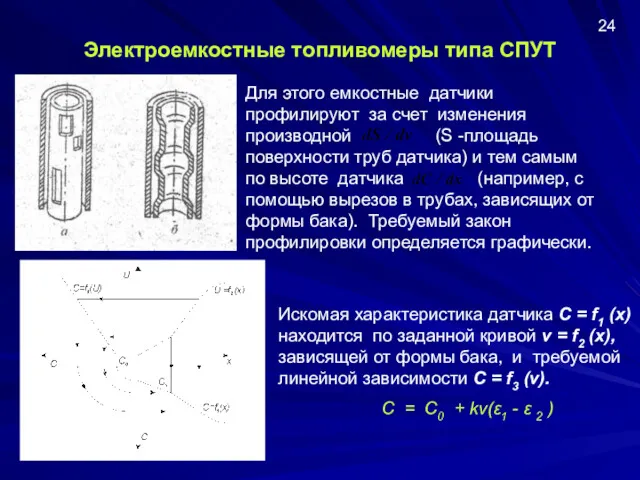 Для этого емкостные датчики профилируют за счет изменения производной (S -площадь поверхности труб