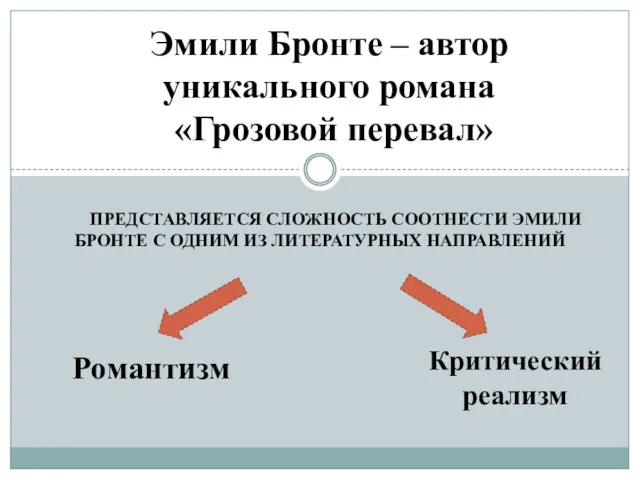 ПРЕДСТАВЛЯЕТСЯ СЛОЖНОСТЬ СООТНЕСТИ ЭМИЛИ БРОНТЕ С ОДНИМ ИЗ ЛИТЕРАТУРНЫХ НАПРАВЛЕНИЙ