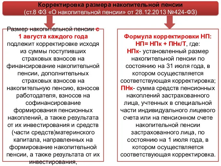 Корректировка размера накопительной пенсии (ст.8 ФЗ «О накопительной пенсии» от