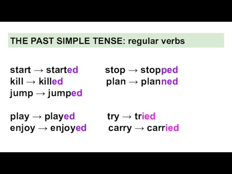 THE PAST SIMPLE TENSE: regular verbs start → started stop