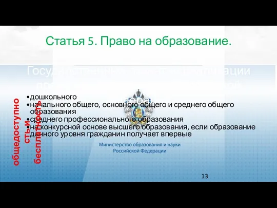 Статья 5. Право на образование. Государственные гарантии реализации права на образование в Российской