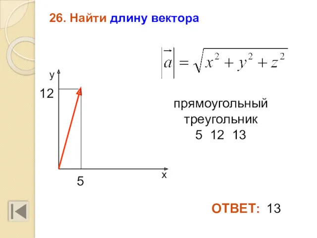 26. Найти длину вектора 13 ОТВЕТ: 5 12 прямоугольный треугольник 5 12 13