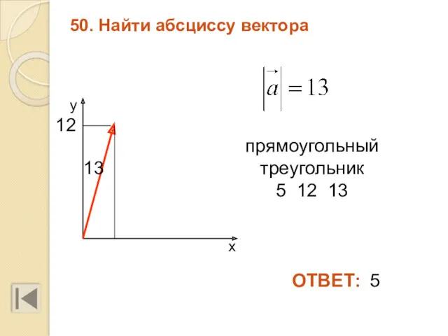 50. Найти абсциссу вектора 5 ОТВЕТ: 12 13 прямоугольный треугольник 5 12 13