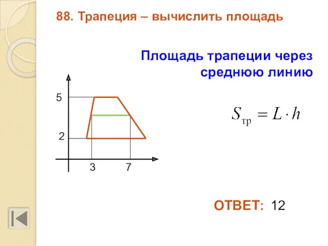 88. Трапеция – вычислить площадь Площадь трапеции через среднюю линию 5 7 3 2 12 ОТВЕТ: