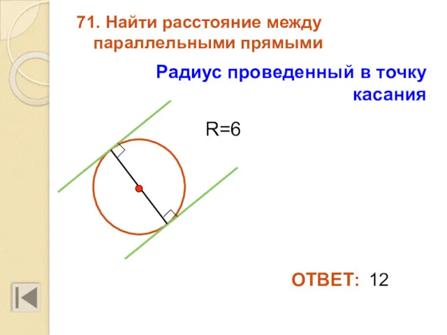 71. Найти расстояние между параллельными прямыми Радиус проведенный в точку касания 12 ОТВЕТ: R=6