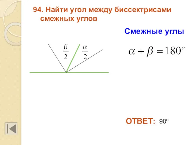 94. Найти угол между биссектрисами смежных углов Смежные углы ОТВЕТ: 90о