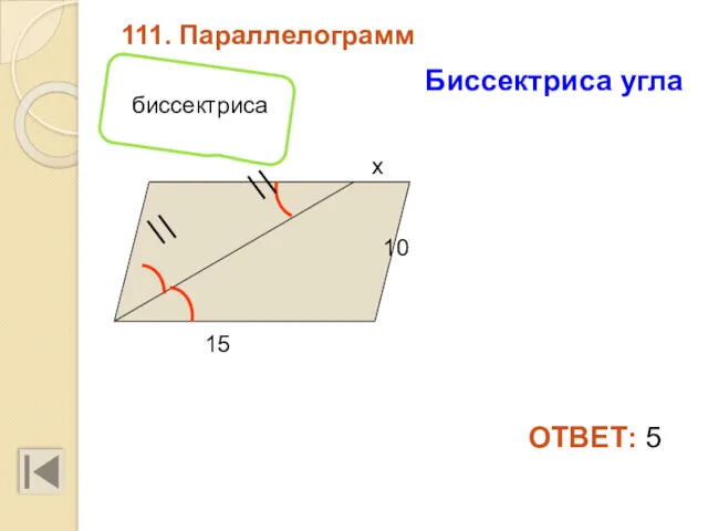 111. Параллелограмм 15 10 ОТВЕТ: 5 Биссектриса угла х биссектриса