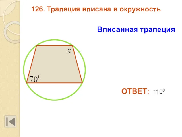 126. Трапеция вписана в окружность ОТВЕТ: 1100 Вписанная трапеция