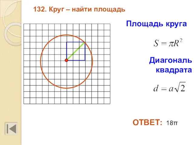 132. Круг – найти площадь Площадь круга Диагональ квадрата ОТВЕТ: 18π