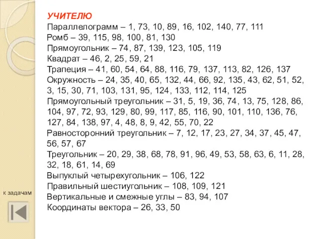 УЧИТЕЛЮ Параллелограмм – 1, 73, 10, 89, 16, 102, 140,