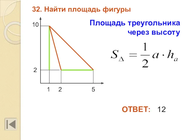 32. Найти площадь фигуры 2 10 2 1 5 ОТВЕТ: 12 Площадь треугольника через высоту