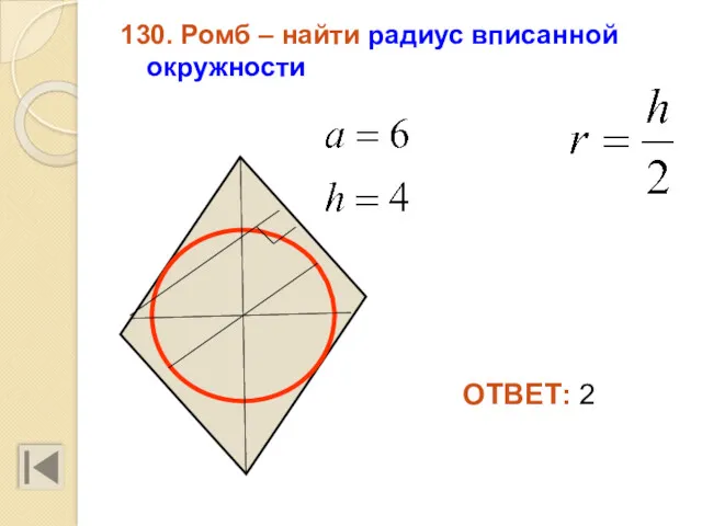 130. Ромб – найти радиус вписанной окружности ОТВЕТ: 2