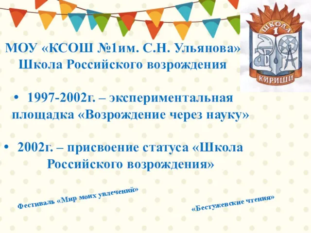 МОУ «КСОШ №1им. С.Н. Ульянова» Школа Российского возрождения 1997-2002г. –