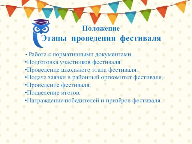 Положение Этапы проведения фестиваля Работа с нормативными документами. Подготовка участников