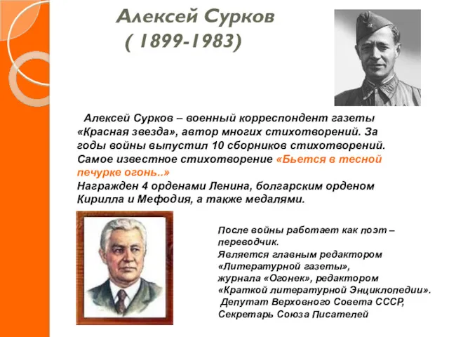 Алексей Сурков ( 1899-1983) Алексей Сурков – военный корреспондент газеты