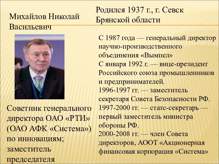 Михайлов Николай Васильевич Советник генерального директора ОАО «РТИ» (ОАО АФК