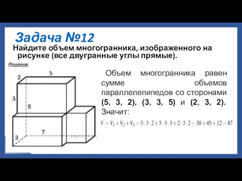 Задача №12 Найдите объем многогранника, изображенного на рисунке (все двугранные