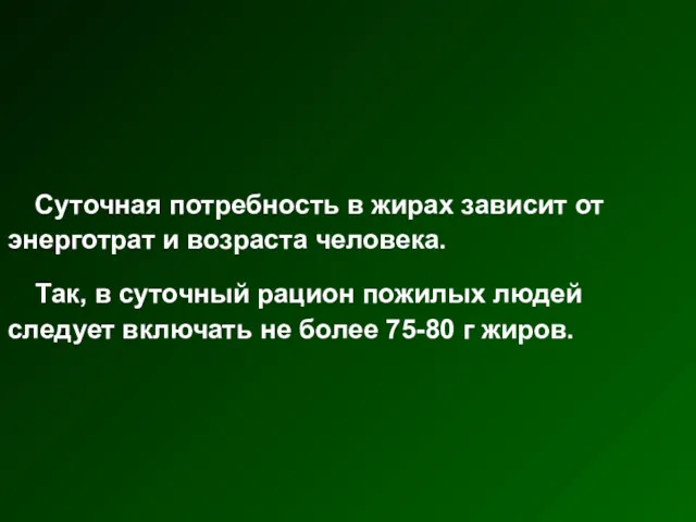 Суточная потребность в жирах зависит от энерготрат и возраста человека. Так, в суточный