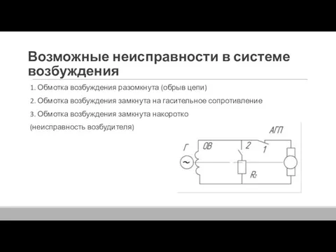 Возможные неисправности в системе возбуждения 1. Обмотка возбуждения разомкнута (обрыв цепи) 2. Обмотка