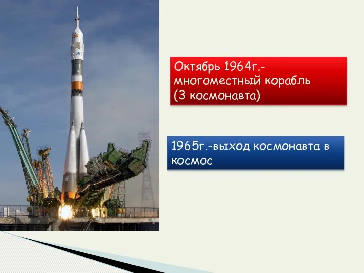 Октябрь 1964г.- многоместный корабль (3 космонавта) 1965г.-выход космонавта в космос