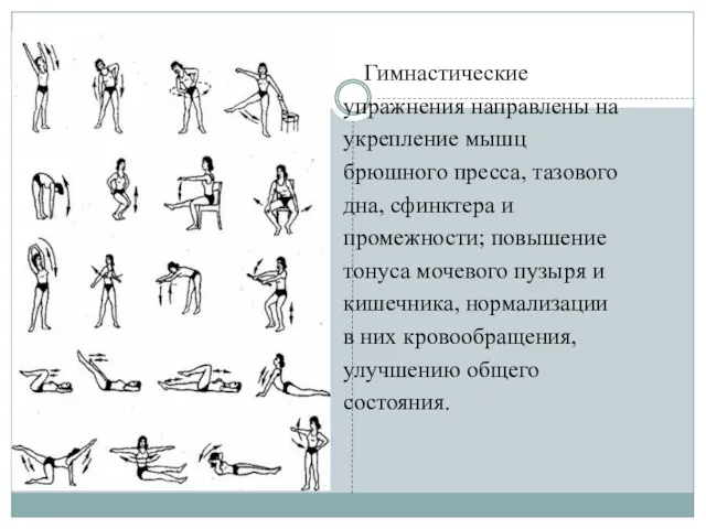 Гимнастические упражнения направлены на укрепление мышц брюшного пресса, тазового дна,