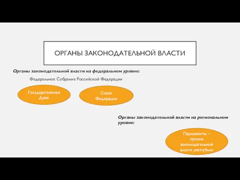 ОРГАНЫ ЗАКОНОДАТЕЛЬНОЙ ВЛАСТИ Органы законодательной власти на федеральном уровне: Федеральное