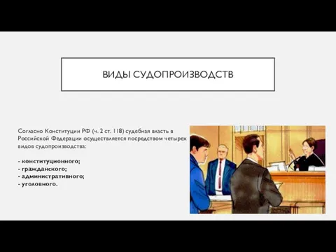 ВИДЫ СУДОПРОИЗВОДСТВ Согласно Конституции РФ (ч. 2 ст. 118) судебная