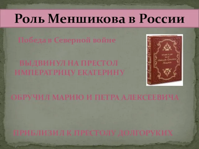 Роль Меншикова в России Победа в Северной войне ВЫДВИНУЛ НА