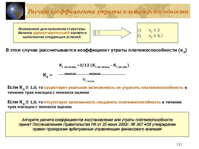 Расчет коэффициента утраты платежеспособности В этом случае рассчитывается коэффициент утраты