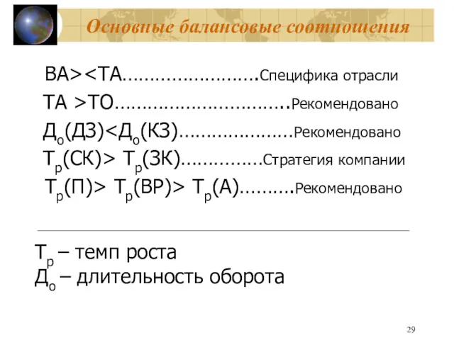 Основные балансовые соотношения ВА> ТА >ТО…………………………..Рекомендовано До(ДЗ) Тр(СК)> Тр(ЗК)……………Стратегия компании