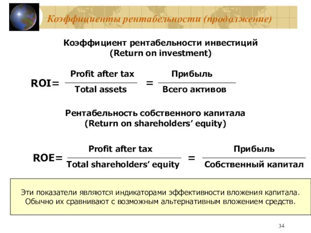 Коэффициенты рентабельности (продолжение) Коэффициент рентабельности инвестиций (Return on investment) ROI=