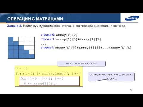 ОПЕРАЦИИ С МАТРИЦАМИ Задача 3. Найти сумму элементов, стоящих на