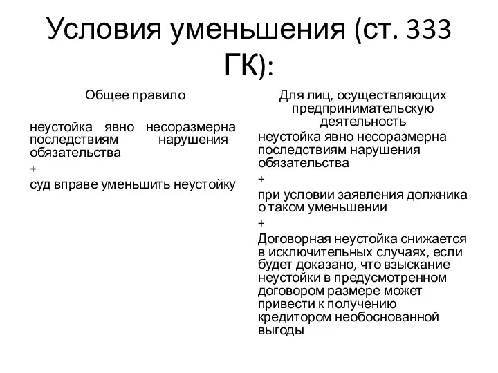 Условия уменьшения (ст. 333 ГК): Общее правило неустойка явно несоразмерна