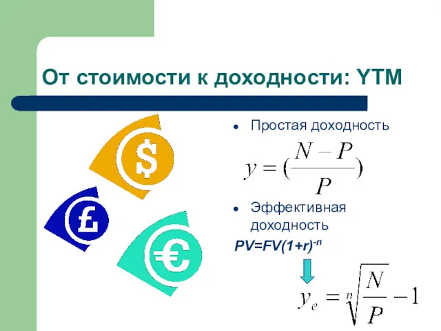 От стоимости к доходности: YTM Простая доходность Эффективная доходность PV=FV(1+r)-n