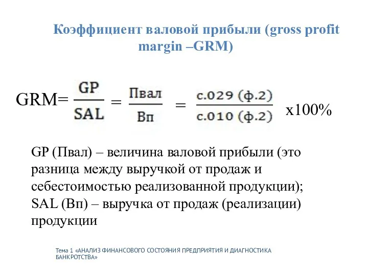 Тема 1 «АНАЛИЗ ФИНАНСОВОГО СОСТОЯНИЯ ПРЕДПРИЯТИЯ И ДИАГНОСТИКА БАНКРОТСТВА» Коэффициент валовой прибыли (gross