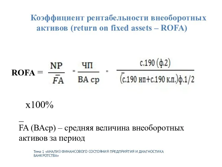 Тема 1 «АНАЛИЗ ФИНАНСОВОГО СОСТОЯНИЯ ПРЕДПРИЯТИЯ И ДИАГНОСТИКА БАНКРОТСТВА» Коэффициент рентабельности внеоборотных активов