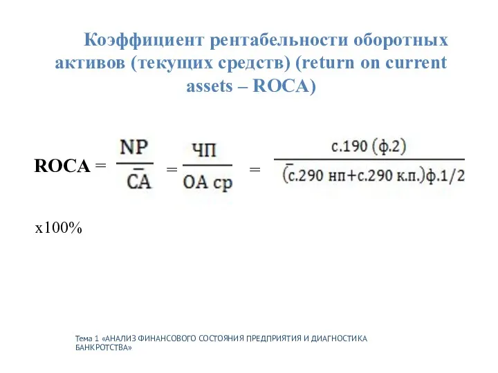 Тема 1 «АНАЛИЗ ФИНАНСОВОГО СОСТОЯНИЯ ПРЕДПРИЯТИЯ И ДИАГНОСТИКА БАНКРОТСТВА» Коэффициент рентабельности оборотных активов